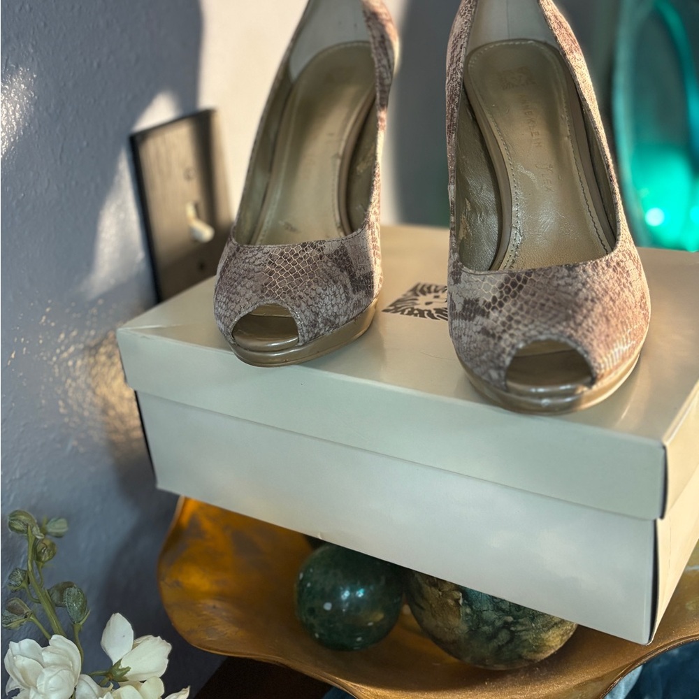 Anne Klein Snake Print Peep Toe Heels - Tan - Picture 2 of 8